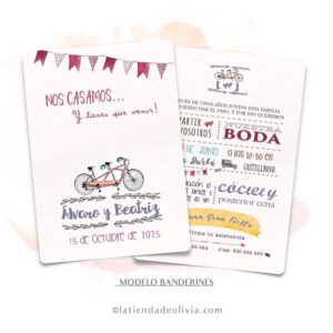 Diseño del modelo de invitación de boda con bicicleta y banderines