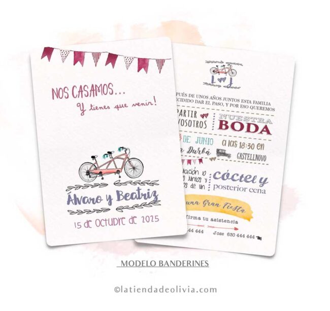 Diseño del modelo de invitación de boda con bicicleta y banderines