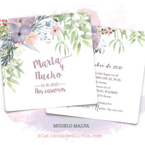 Diseño de invitación de boda con flores malva