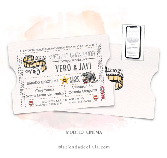 Diseño del modelo de invitación de boda con entrada de cine