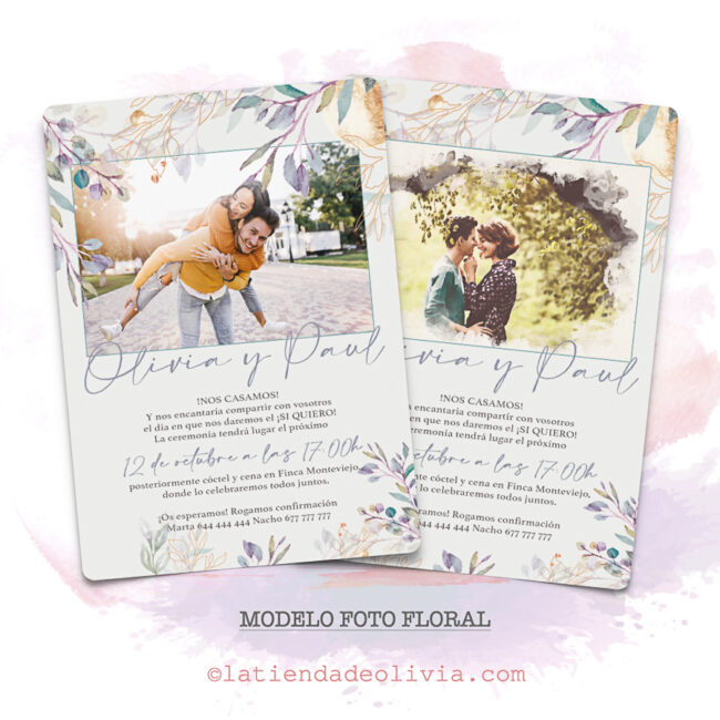 Diseño del modelo de invitación de boda con foto y flores