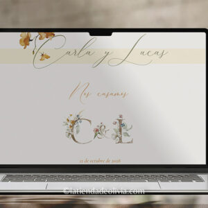 Diseño de una web de boda elegante con acabados artesanales y tipografía clásica. Captura de pantalla de una web de boda elegante con detalles de acuarela y flores.