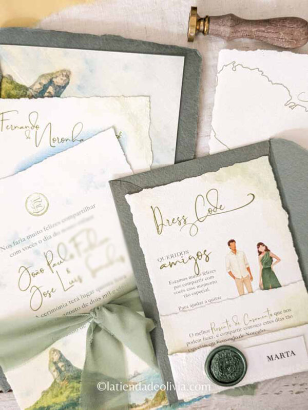 Invitación de boda igualitaria con dress code ilustrado y lacre verde